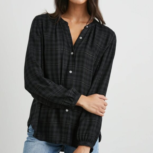 Rails Elosie Plaid Band Collar Button-Up Blouse - Onyx Lurex Size XS - Picture 1 of 8